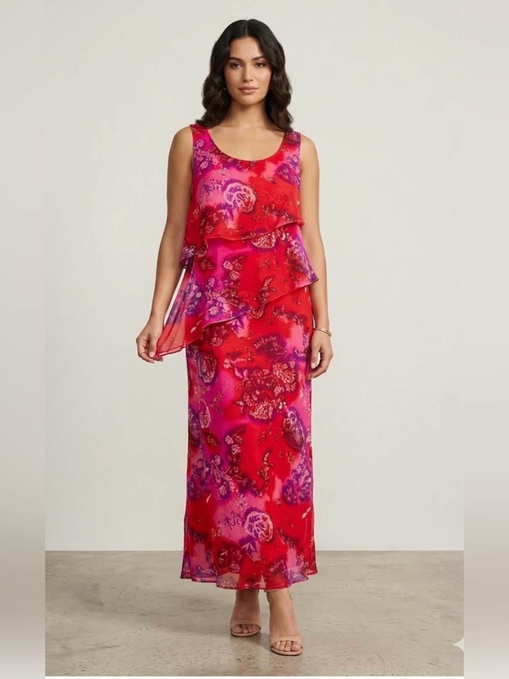 Vintage Sacred Threads Red Hot Pink Floral Sheer Overlay layered Maxi Dress M/L‎